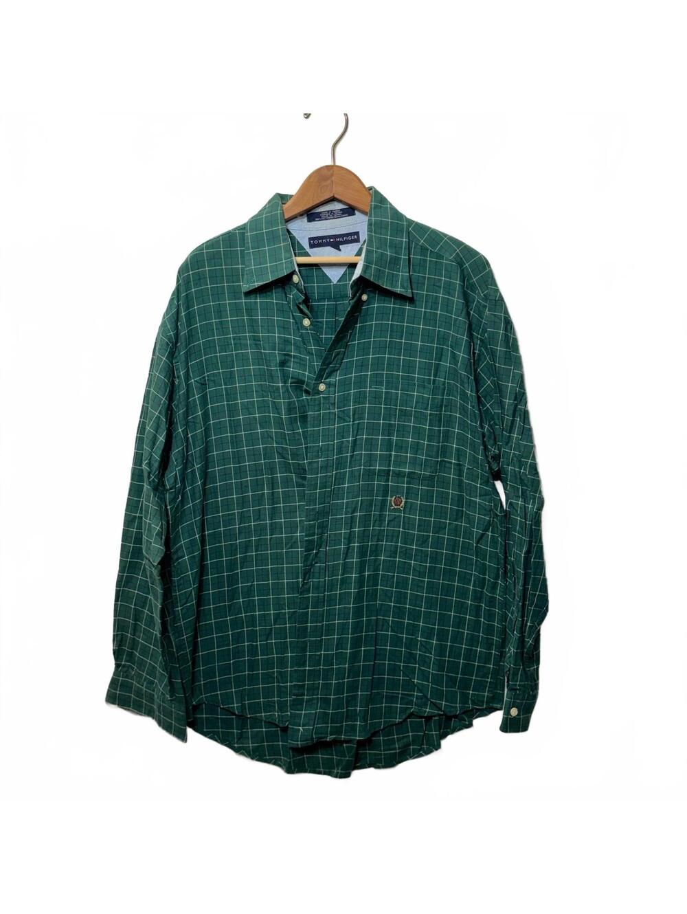 Vintage 90s Tommy Hilfiger Green Plaid Shirt Crest Logo
